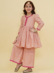 Three-Fourth Sleeves Above Knee Length Silk Kurta With Palazzo - Peach