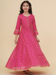 Silk Woven Three Fourth Sleeves Self Design Fit And Flare Ethnic Dress - Pink
