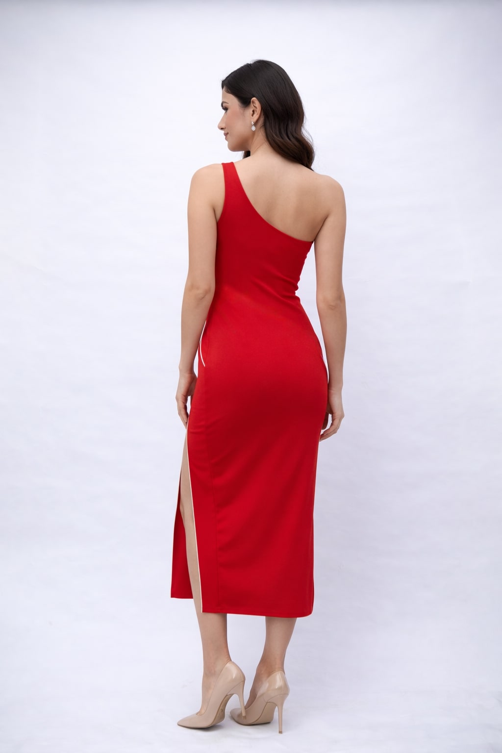 Red One Shoulder Sheath Midi Dress-ADR-18988