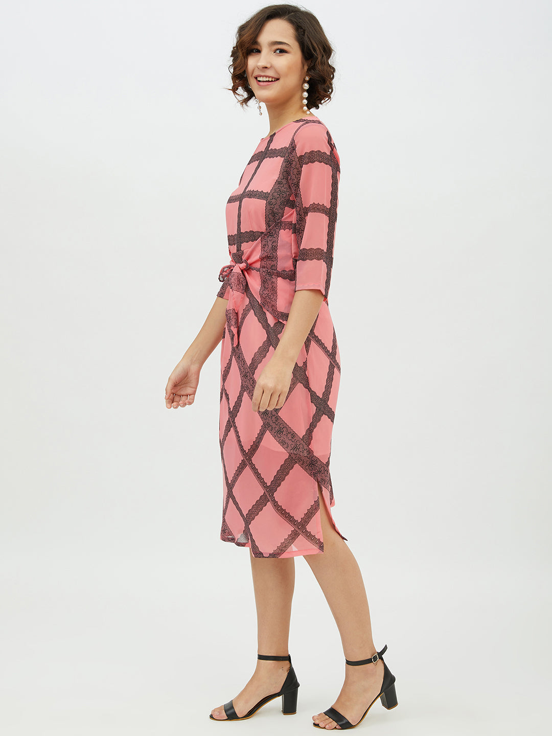 StyleStone Women's Pink Check front Tie Knot Midi Dress