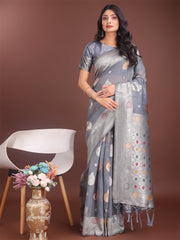 Elegant Olive Green Linen Cotton Saree with Zari Border & Woven Motifs – Perfect for Sophisticated Everyday & Festive Looks