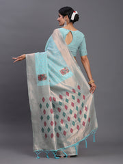 Elegant Linen Cotton Saree with Woven Pallu, Big Butta Work & Tassels - Office & Festive Wear