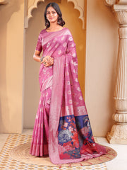 Floral Linen Cotton Saree with Zari Border & Digital Printed Pallu - Elegant Sari for Festive Occasions