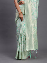Sky Blue Linen Cotton Saree with Silver Zari Weave & Tassels – Festive & Elegant Office Wear