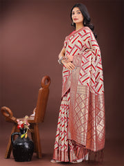 Elegant Pink & Cream Linen Saree with Geometric Design and Zari Border – Festive & Party Wear