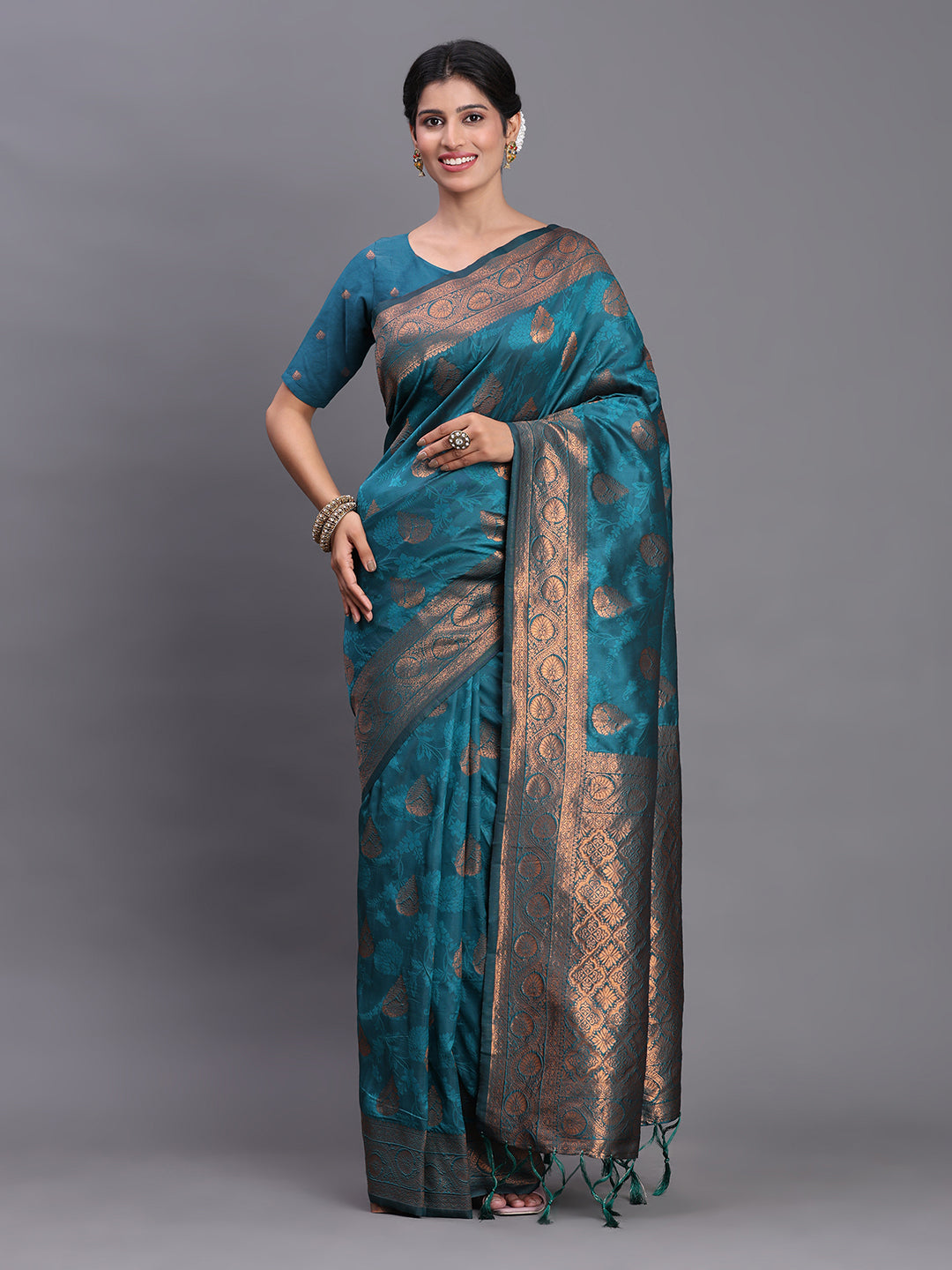 Banarasi Silk Saree with Copper Zari Woven Pallu & Feather Butta - Wedding & Festive Wear