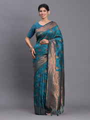 Navy Blue Banarasi Silk Saree with Copper Zari Woven Pallu & Feather Butta – Wedding & Festive Wear