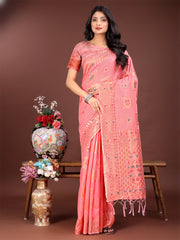 Elegant Sky Blue Linen Saree with Intricate Woven Patterns – Lightweight Grace for Everyday and Festive Moments