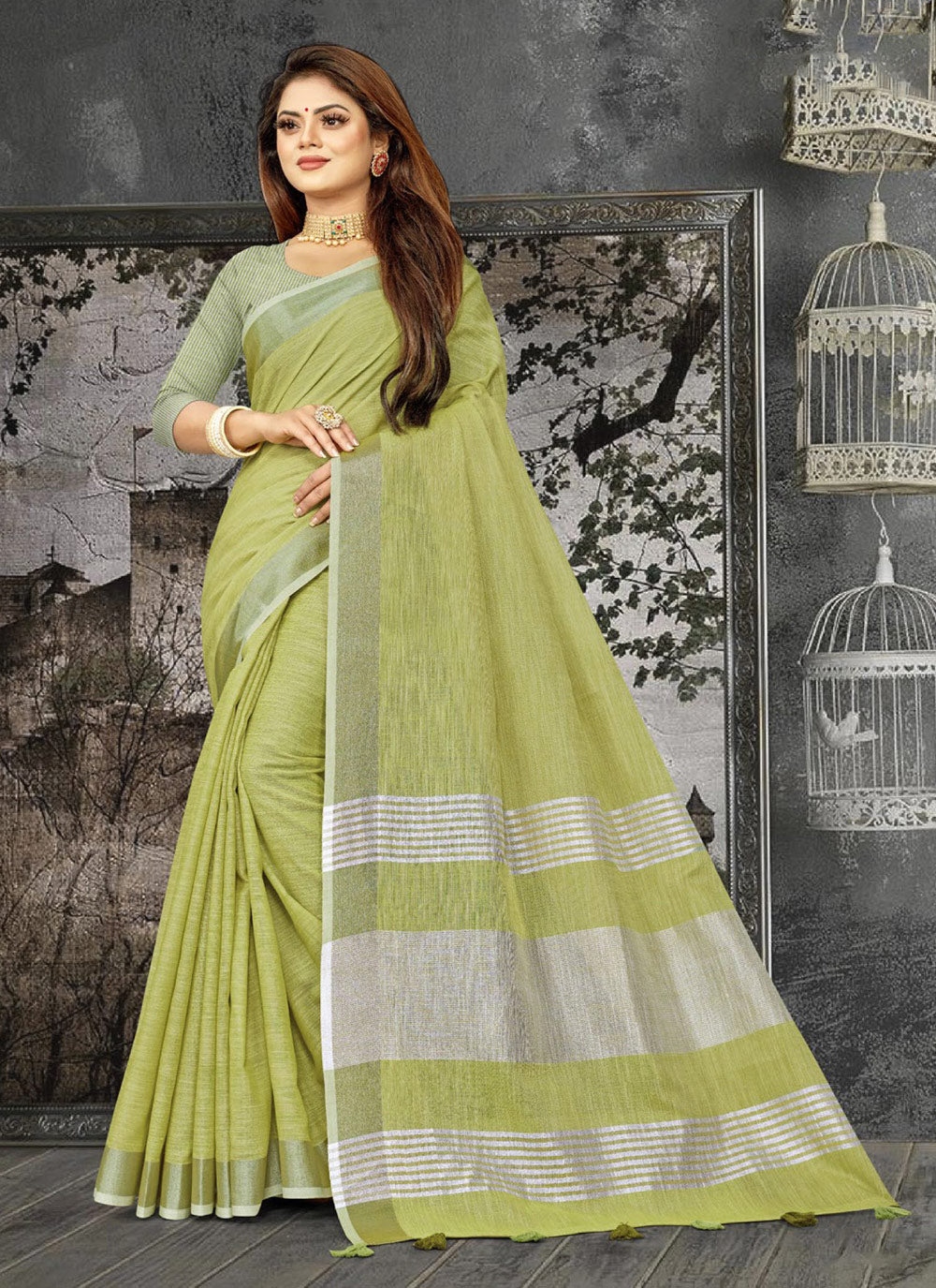 Elegant Woven Linen Saree with Contrast Zari Border & Tassels - Soft & Breathable Party Wear