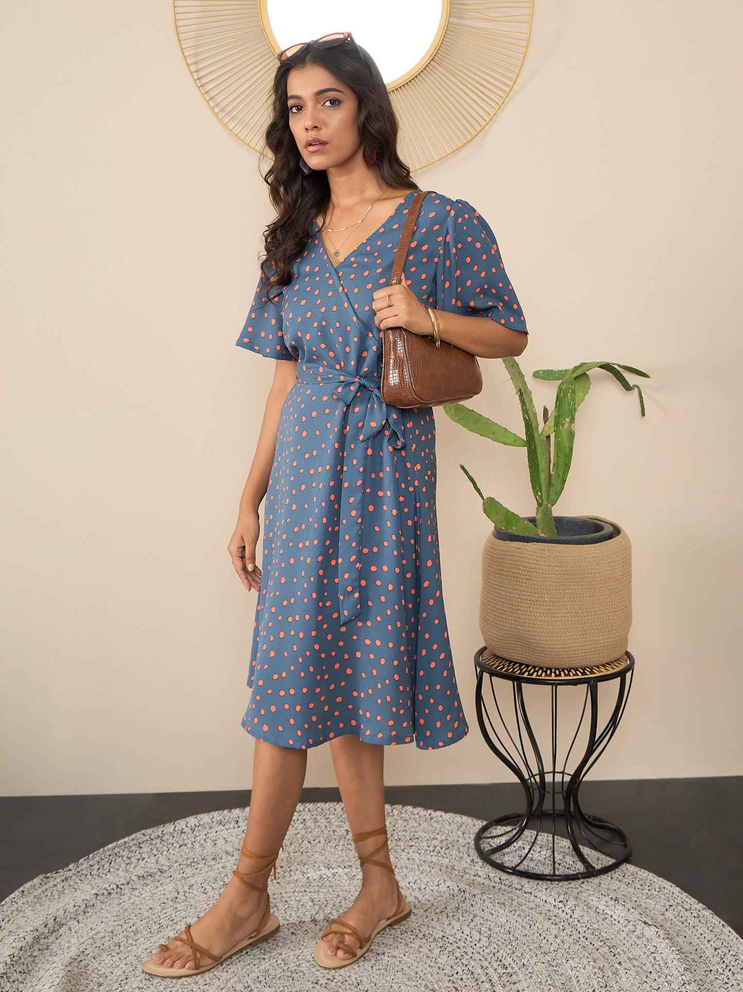 Women's Grey Polka Polyester Wrap Dress