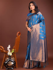 Teal Blue Linen Cotton Saree with Golden Zari Leaf Woven Design & Rich Pallu – Festive Wear | Office Look | Soft Drape