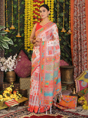 Off White Linen Cotton Saree with Multicolor Ethnic Print – Soft & Lightweight Saree for Festive, Daily, and Office Wear