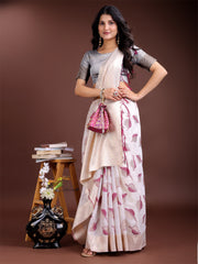 Elegant White & Light Green Leaf Print Cotton Saree for Women with Zari Border & Tassels – Soft & Lightweight Daily Wear Saree