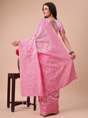Banarasi Cotton Saree with Floral Zari Work and Traditional Pallu - Elegant Ethnic Wear for Festivals & Ceremonies