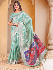 Floral Linen Cotton Saree with Zari Border & Digital Printed Pallu - Elegant Sari for Festive Occasions
