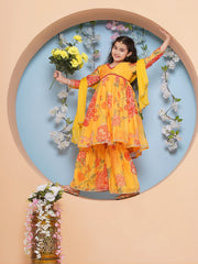 Girls Yellow Floral Printed Alia Design Kurta With Sharara With dupatta