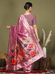 Green Floral Linen Cotton Saree with Zari Border & Digital Printed Pallu – Elegant Sari for Festive Occasions