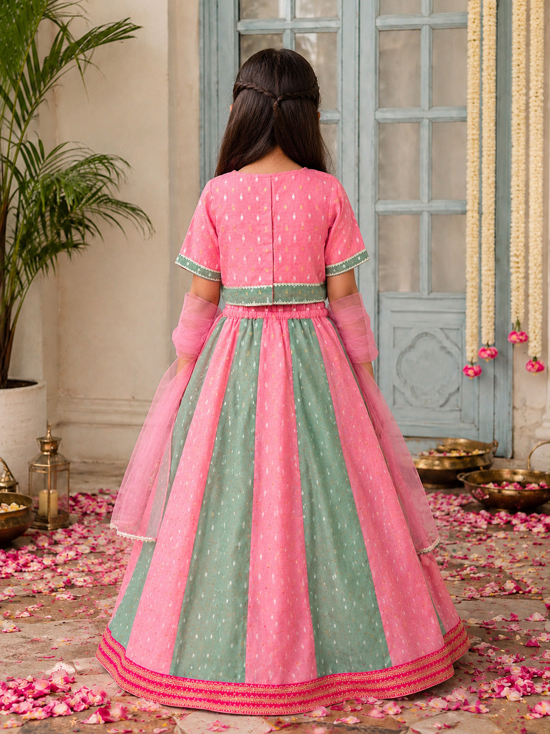 Girls Prach & Green Woven Design with Embroidered Patti Lehenga, Choli, Dupatta