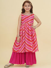 Girls Pink Leheriya Printed Kurta with Sharara