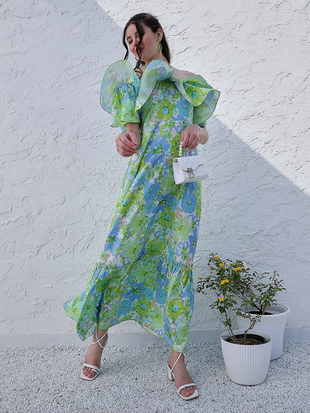 Green Floral Printed Halter Neck Tiered Gathered Crepe Maxi Midi Dress