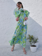 Green Floral Printed Halter Neck Tiered Gathered Crepe Maxi Midi Dress