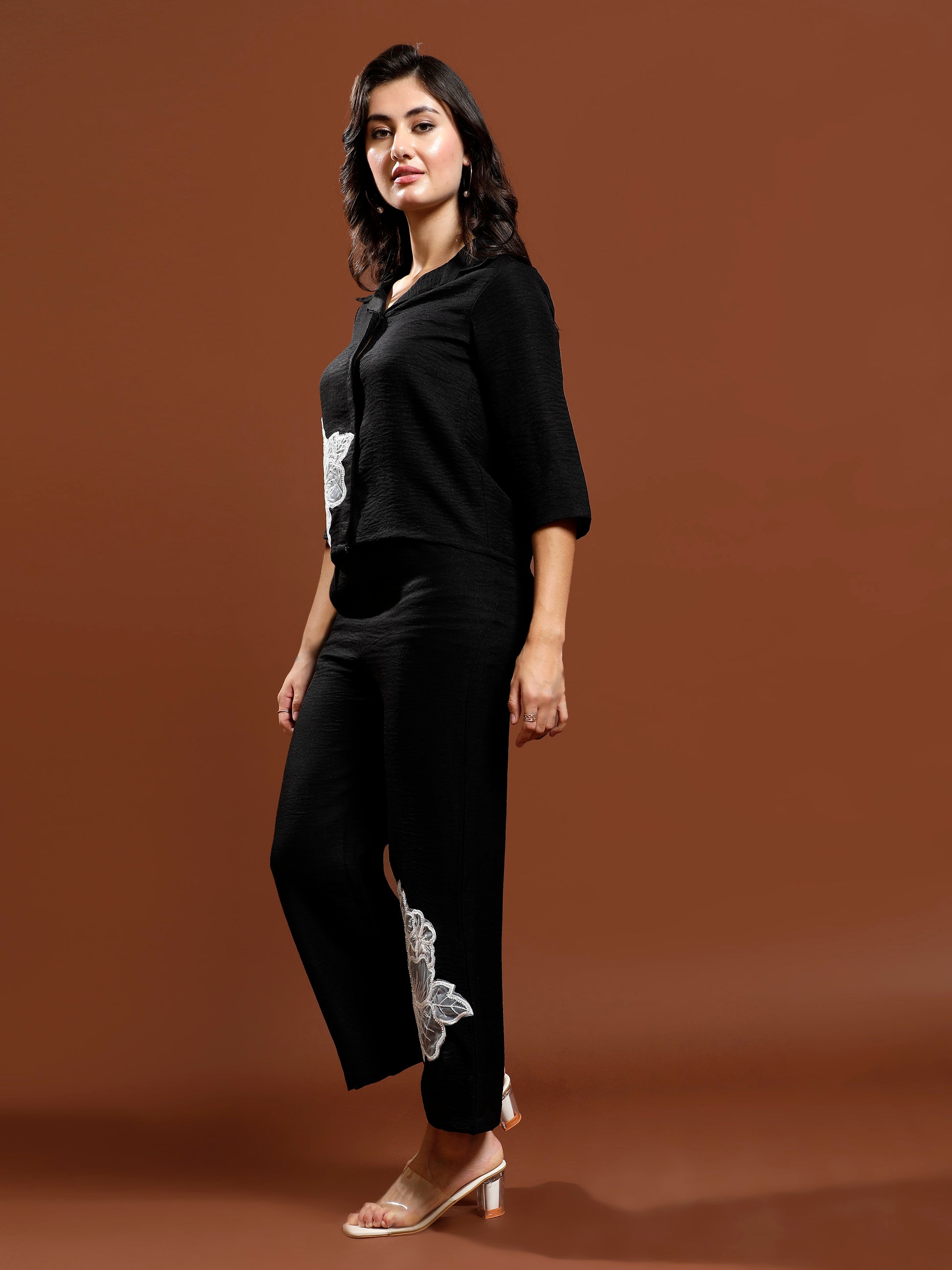 Floral Embellished Patchwork Linen Shirt & Trousers