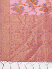 Elegant Orange Linen Cotton Saree with Floral Weave & Soft Gold Pallu – Graceful Choice for Casual, Office & Festive Looks