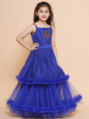 Net Woven Sleeveless Embroidered Flared Frock - Blue