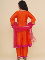 Solid Three-Fourth Sleeves Above Knee Length Silk Kurta & Trousers With Dupatta - Orange