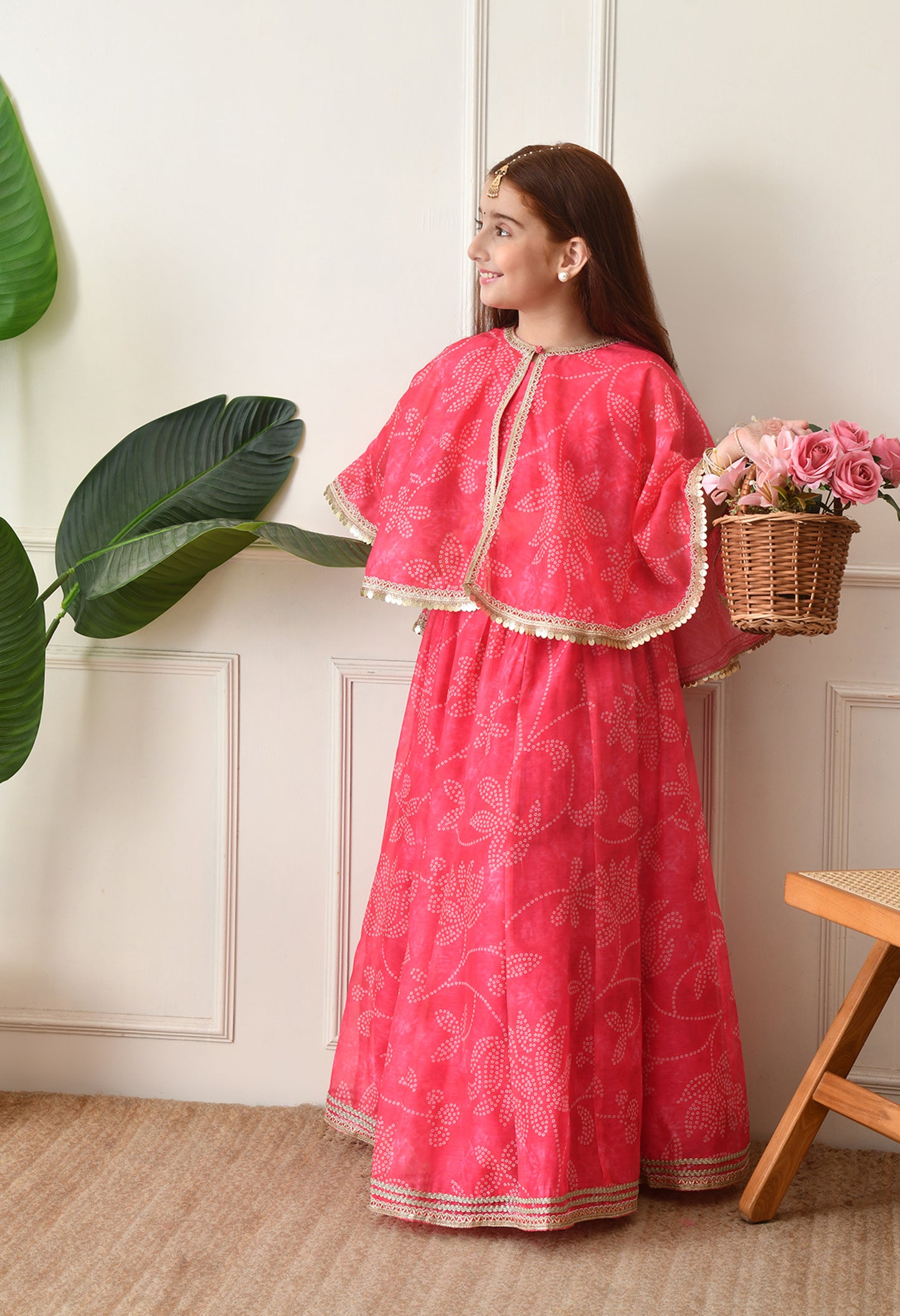 Girls’ Pink Printed Lehenga with Matching Cape and Crop Top Set