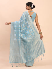 Sky Blue Linen Cotton Saree with Silver Zari Weave & Tassels – Festive & Elegant Office Wear