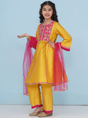 Solid Three-Fourth Sleeves Above Knee Length Silk Kurta & Trousers With Dupatta - Yellow