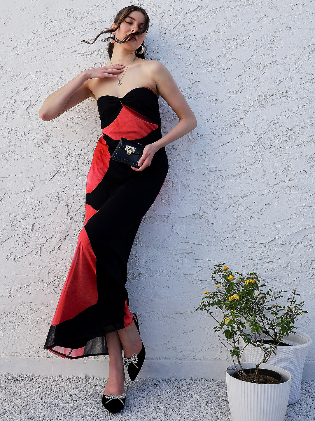 Black Abstract Printed Strapless Maxi Dress