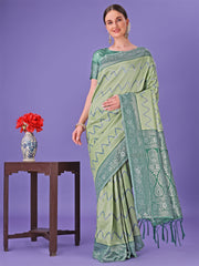 Cream & Green Lichi Silk Saree with Rich Woven Border and Zigzag Pattern – Wedding & Festive Wear