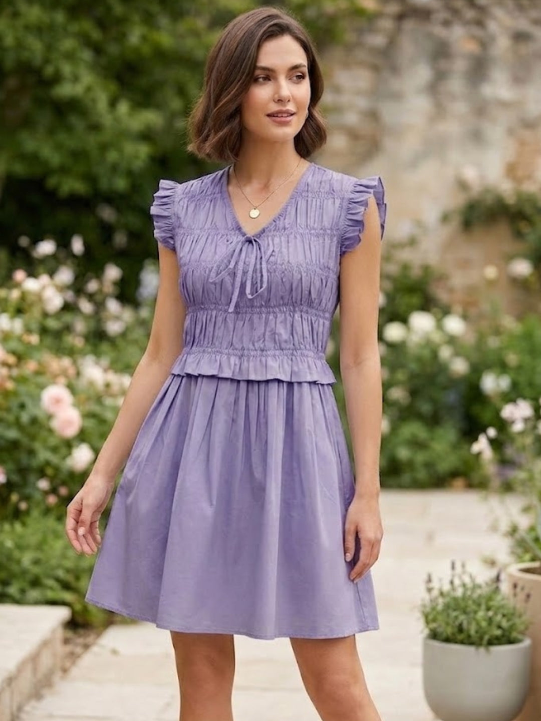 Lavender V Neck Cotton Smocked Dress-ADR-19898