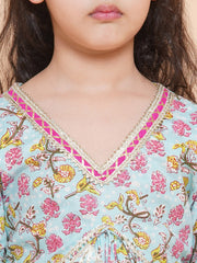 Girls Blue Floral Printed Alia Design Kurta With Sharara