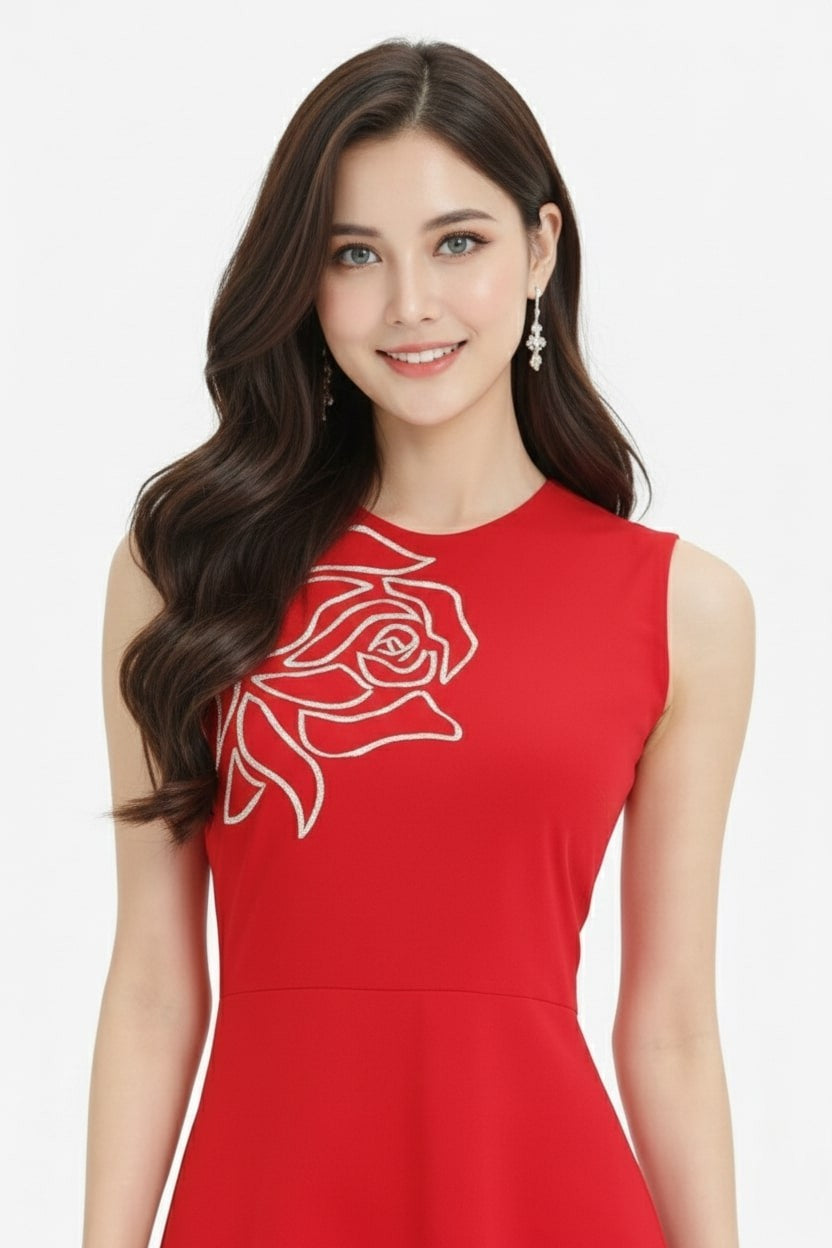 Red Embroidered Asymmetric Dress-ADR-19900