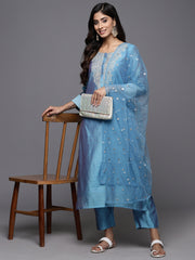 Women Blue Floral Embroidered Regular Chanderi Silk Kurta with Trousers & With Dupatta