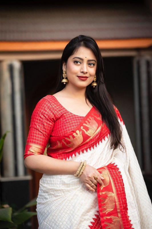 sift silk saree with zari woven chex and with elephant border and rich pallu.Cotton tasslels on pallu.