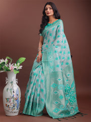 Stylish Green Linen Cotton Saree with Woven Design – Lightweight Elegance for Everyday Grace
