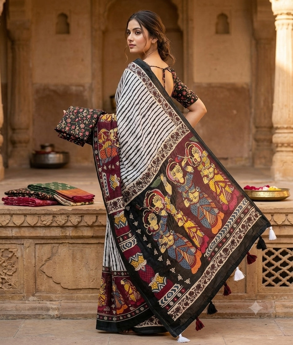 Soft linen saree with shaded style prints.