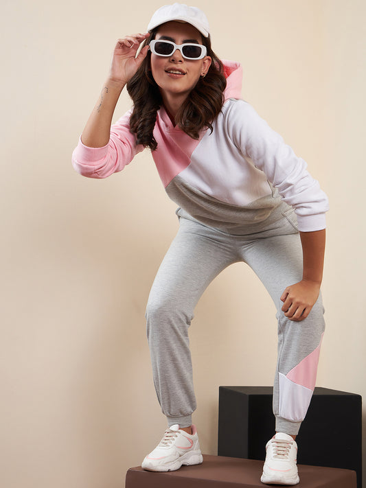 Women's Pink & Grey Color Blocked Tracksuit Set