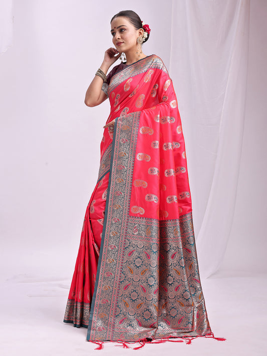 Rose Pink Banarasi Silk Saree with Silver Zari Border & Paisley Design – Festive Wedding Wear | Elegant Traditional Pallu | Soft Silk Finish for Women | Cultural Ethnic Saree