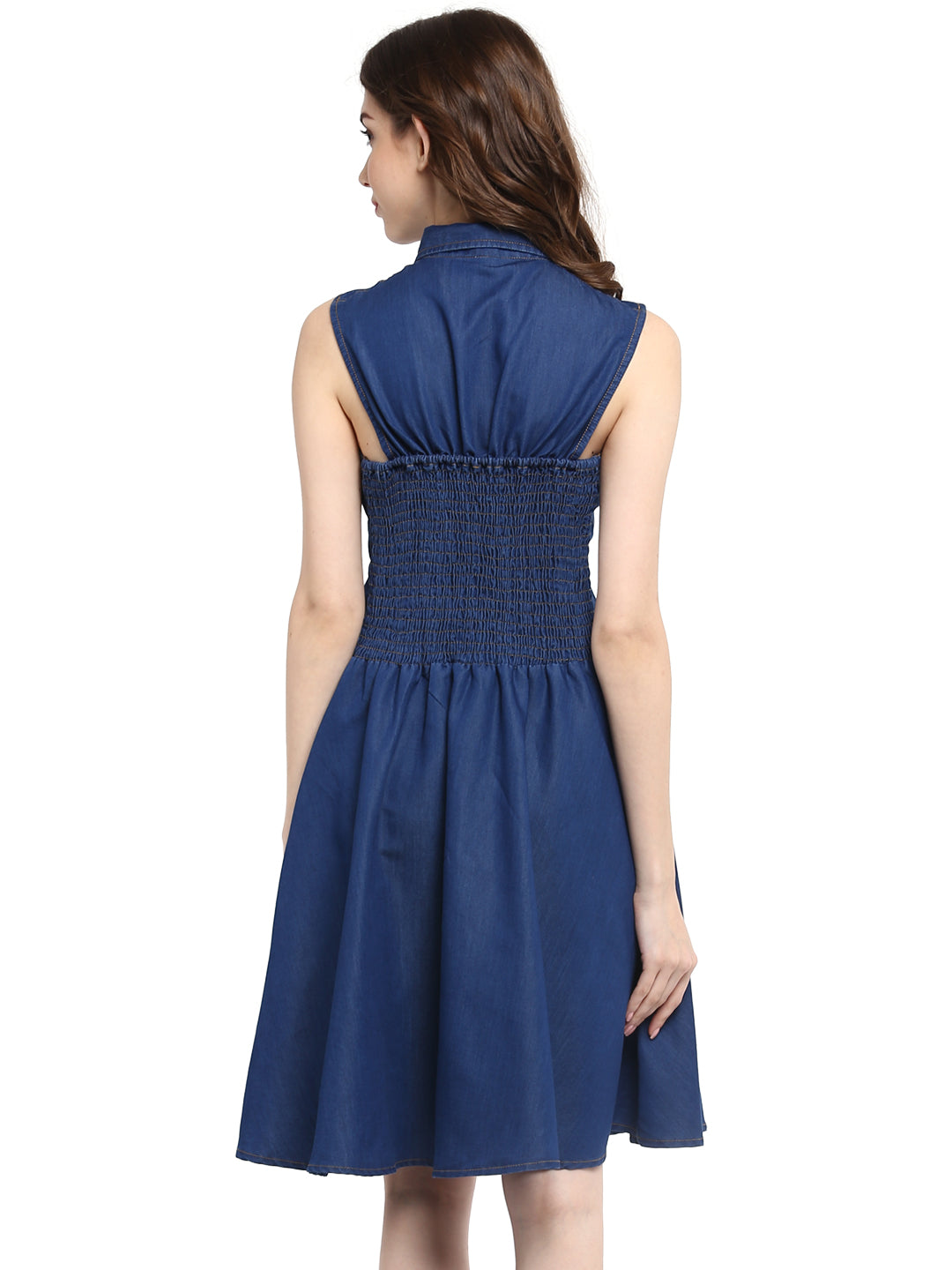 Women's Dark Blue Denim Dress with Neck cutout