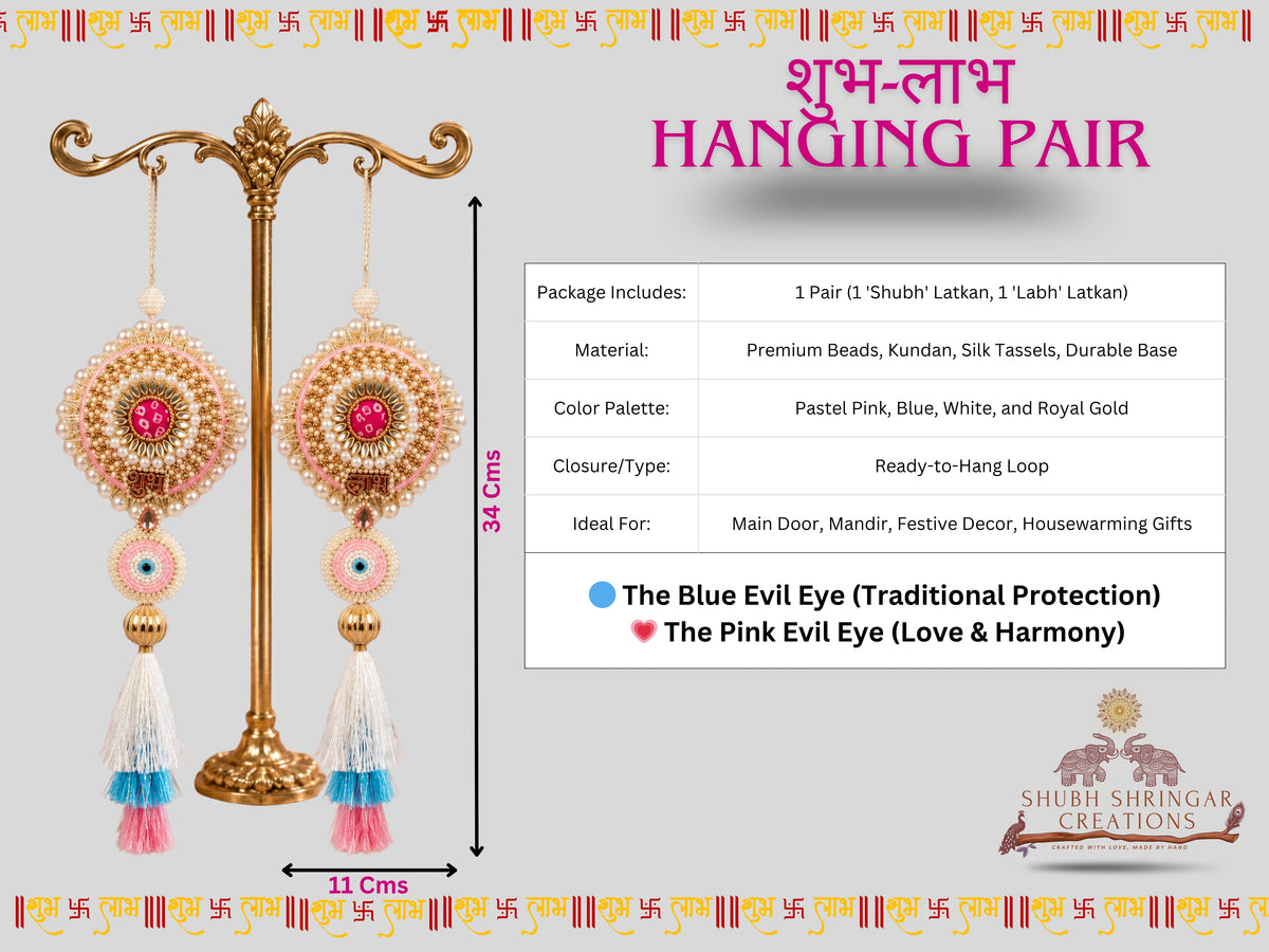 Shubh Shringar Creations- Shubh Labh Designer Hanging Set, Pastel Pink & Blue, Premium Beads & Kundan, Silk Tassels, 34 cm, Set of 2