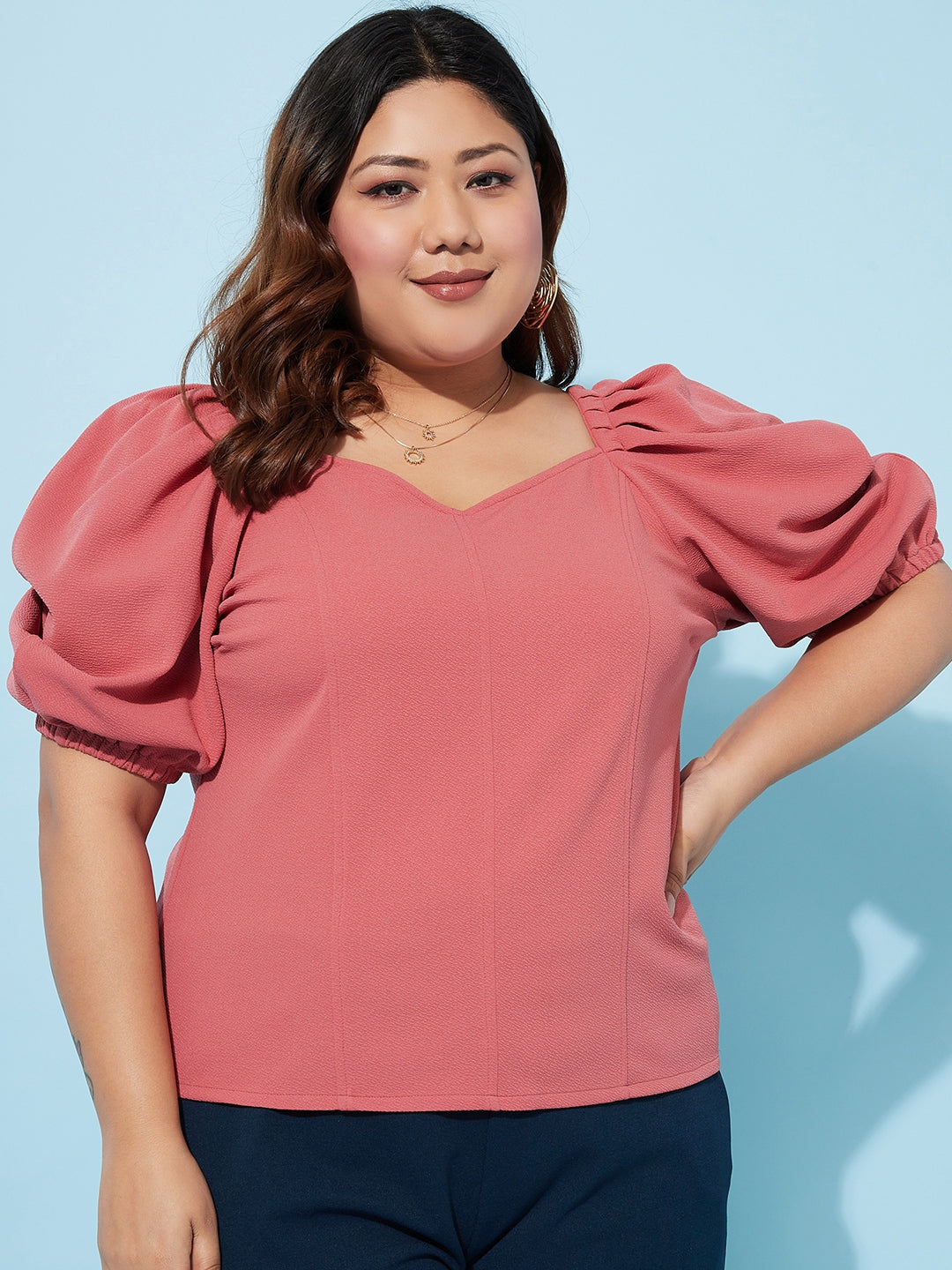 Plus Size Sweetheart Neck Puff Sleeves Casual Top