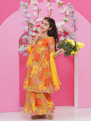 Girls Yellow Floral Printed Alia Design Kurta With Sharara With dupatta