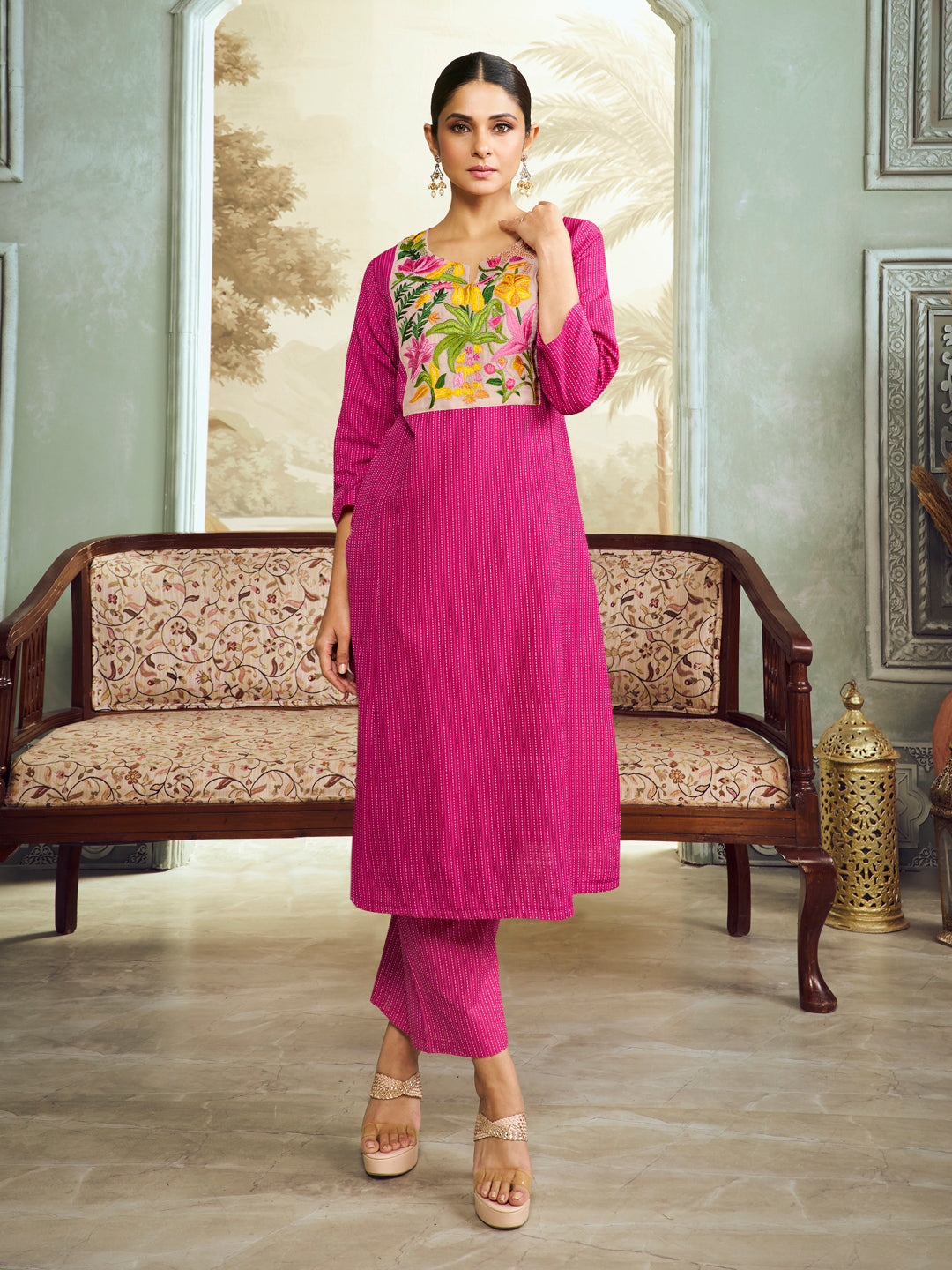 Pink Embroidered Yoke Straight Kurta Set.