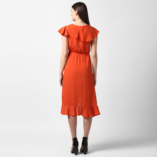 Women's Orange Front Ruffle Dress