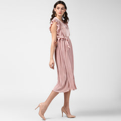 Women's Champagne Gold Satin Pleating Evening Midi Dress